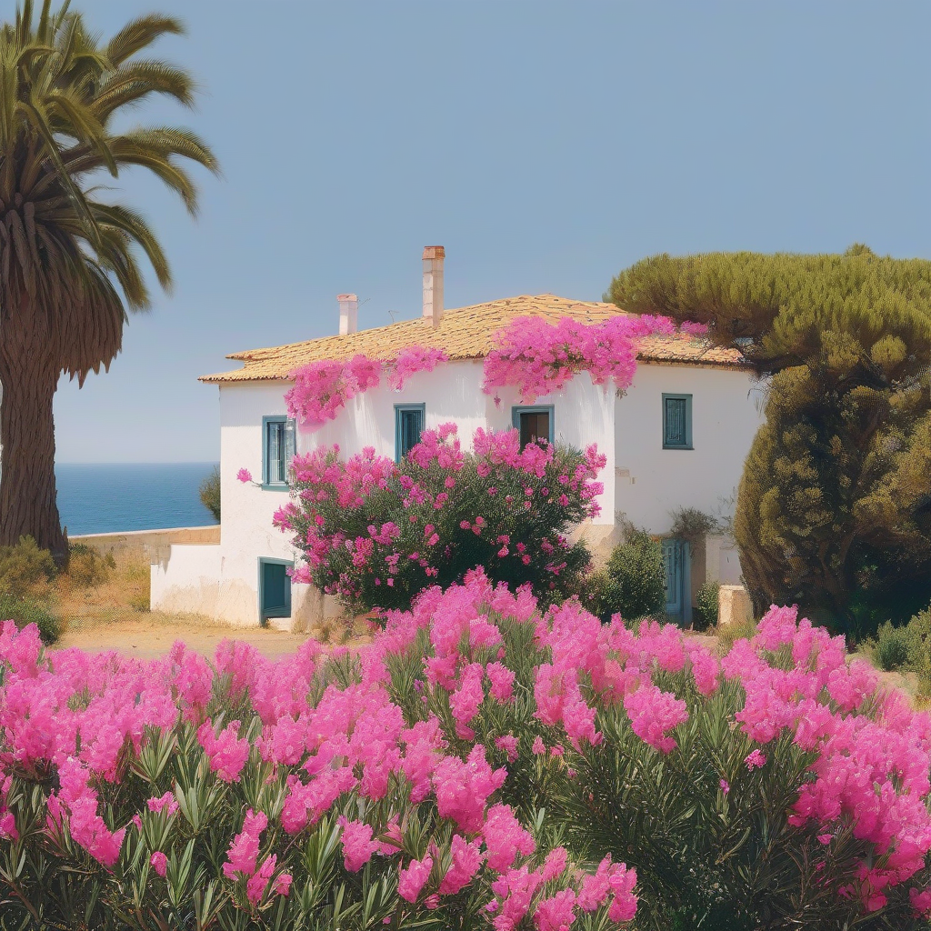 house in south of portugal with olive trees by the sea with flowers by Générateur d'images par IA gratuit - Aucune connexion nécessaire✨ | AIGAZOU