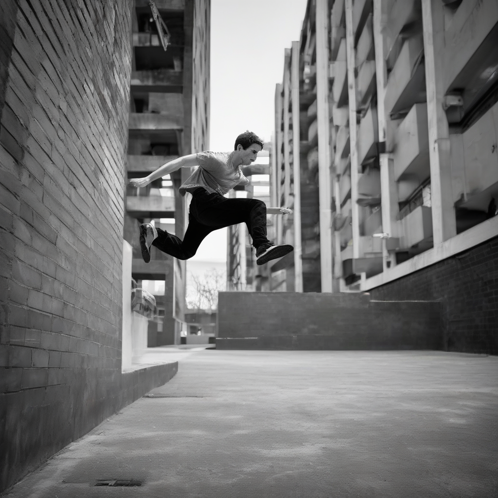 a parkour runner performing a jump in an urban environment please a black and white image by मुफ्त एआई छवि जनरेटर - बिना लॉगिन के✨ | AIGAZOU