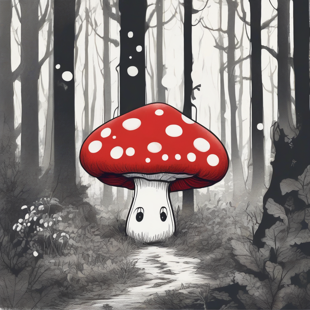 fairy tale drawing of a melancholic red spotted mushroom character in a forest by मुफ्त एआई छवि जनरेटर - बिना लॉगिन के✨ | AIGAZOU