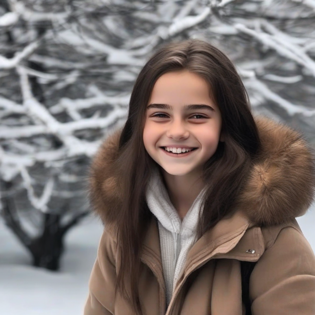 14 year old russian girl smiling dark brown hair winter reminds emma watson by मुफ्त एआई छवि जनरेटर - बिना लॉगिन के✨ | AIGAZOU