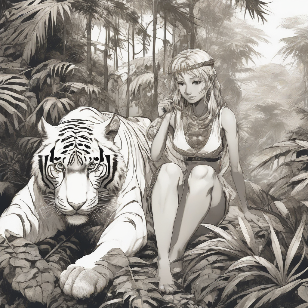 bronzed girl with white tiger in manga jungle by Générateur d'images par IA gratuit - Aucune connexion nécessaire✨ | AIGAZOU