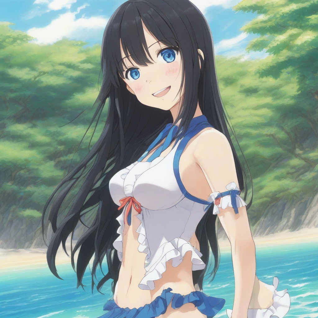 amami ohshima beach long black hair blue right eye slender body smiling expression frilly bikini middle school girl by Générateur d'images par IA gratuit - Aucune connexion nécessaire✨ | AIGAZOU