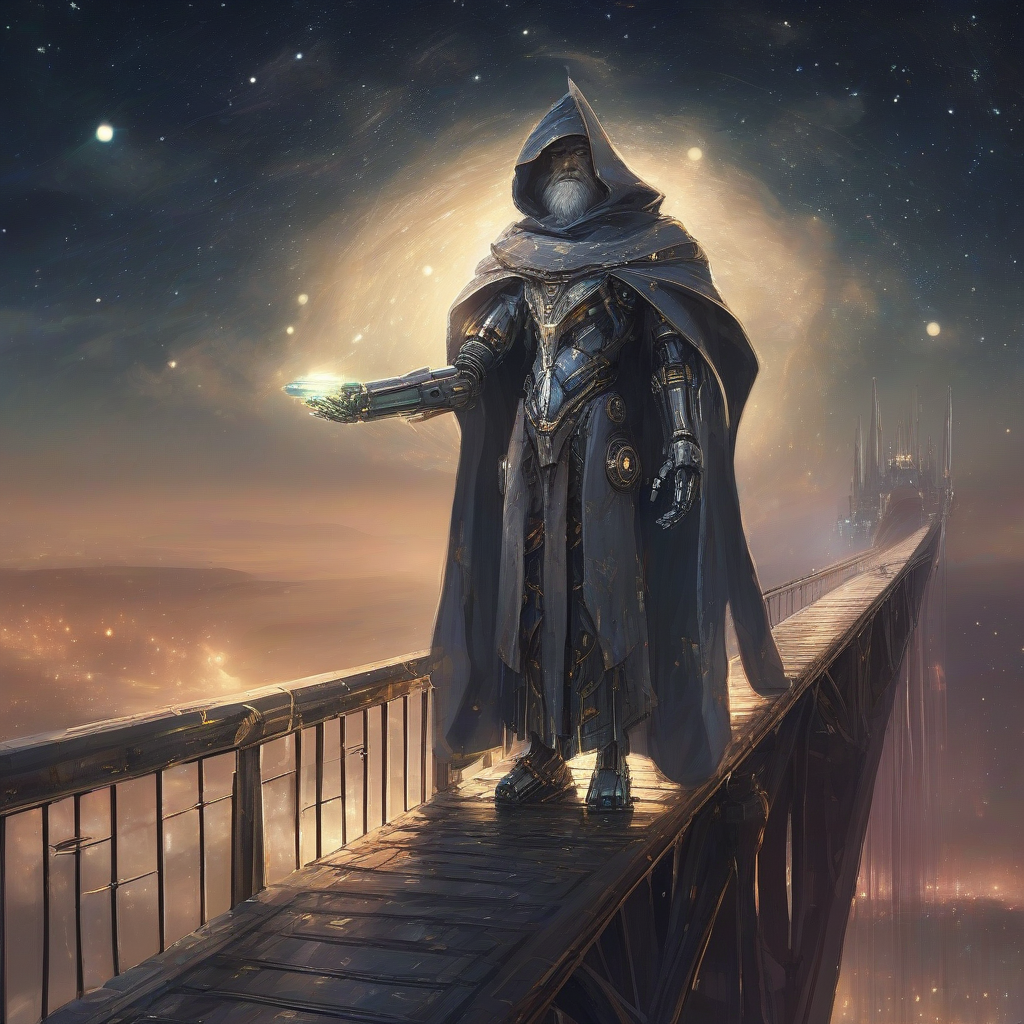 robot wizard stands on bridge facing giant enemy by मुफ्त एआई छवि जनरेटर - बिना लॉगिन के✨ | AIGAZOU