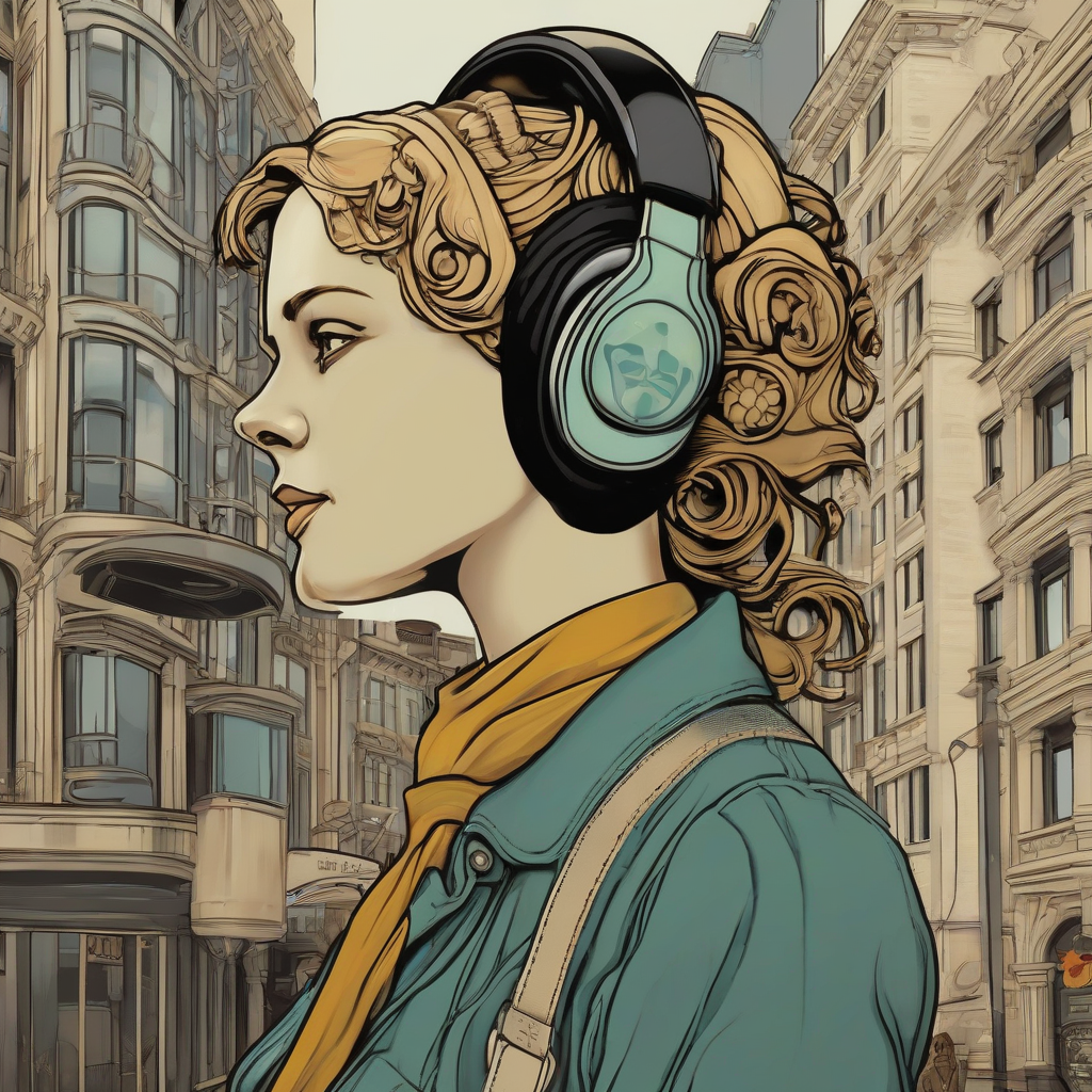 17th street character art nouveau downtown headphones by मुफ्त एआई छवि जनरेटर - बिना लॉगिन के✨ | AIGAZOU