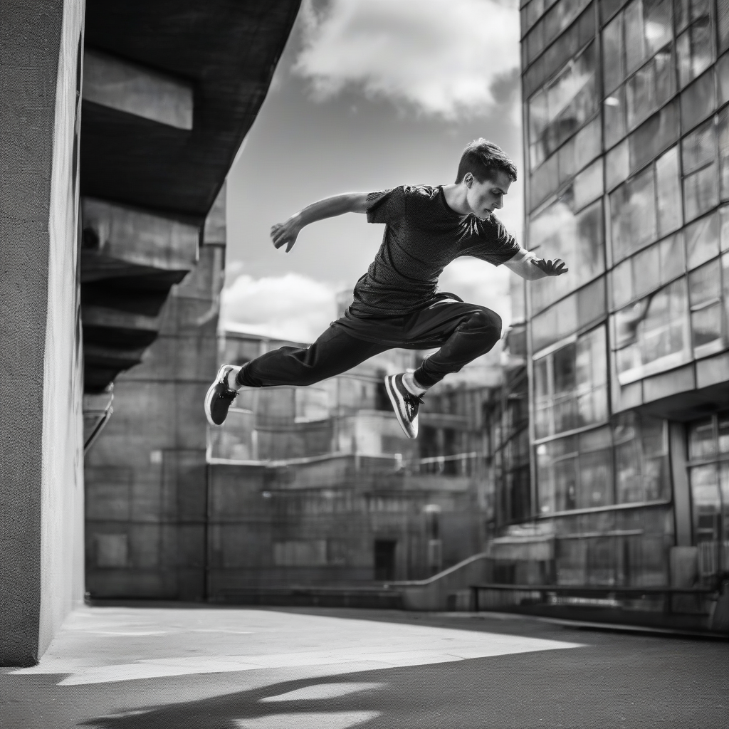 a parkour runner performing a jump in an urban environment please a black and white image by Free AI Image Generator & Maker - No login required✨ | AIGAZOU