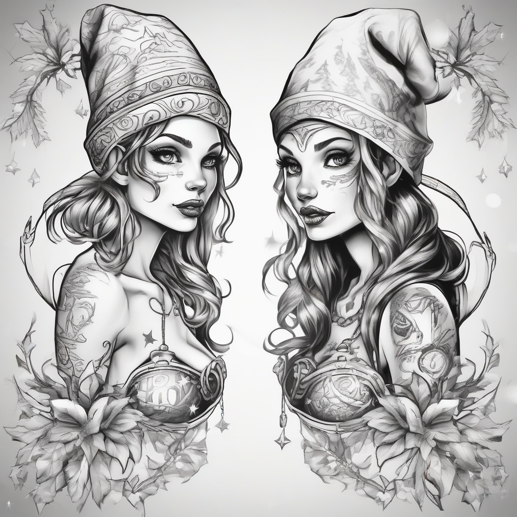 tattooed christmas elves in black and white by मुफ्त एआई छवि जनरेटर - बिना लॉगिन के✨ | AIGAZOU