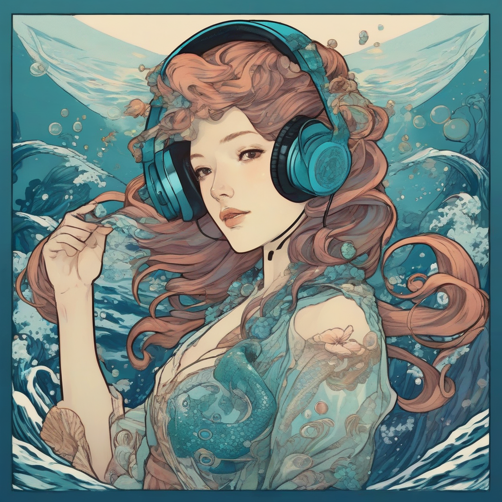 deep sea mermaid female character jojo style hokusai style mucha style headphones by Générateur d'images par IA gratuit - Aucune connexion nécessaire✨ | AIGAZOU