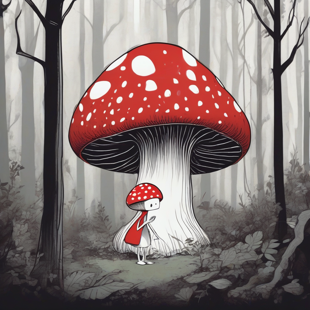 fairy tale drawing of a melancholic red spotted mushroom character in a forest by मुफ्त एआई छवि जनरेटर - बिना लॉगिन के✨ | AIGAZOU