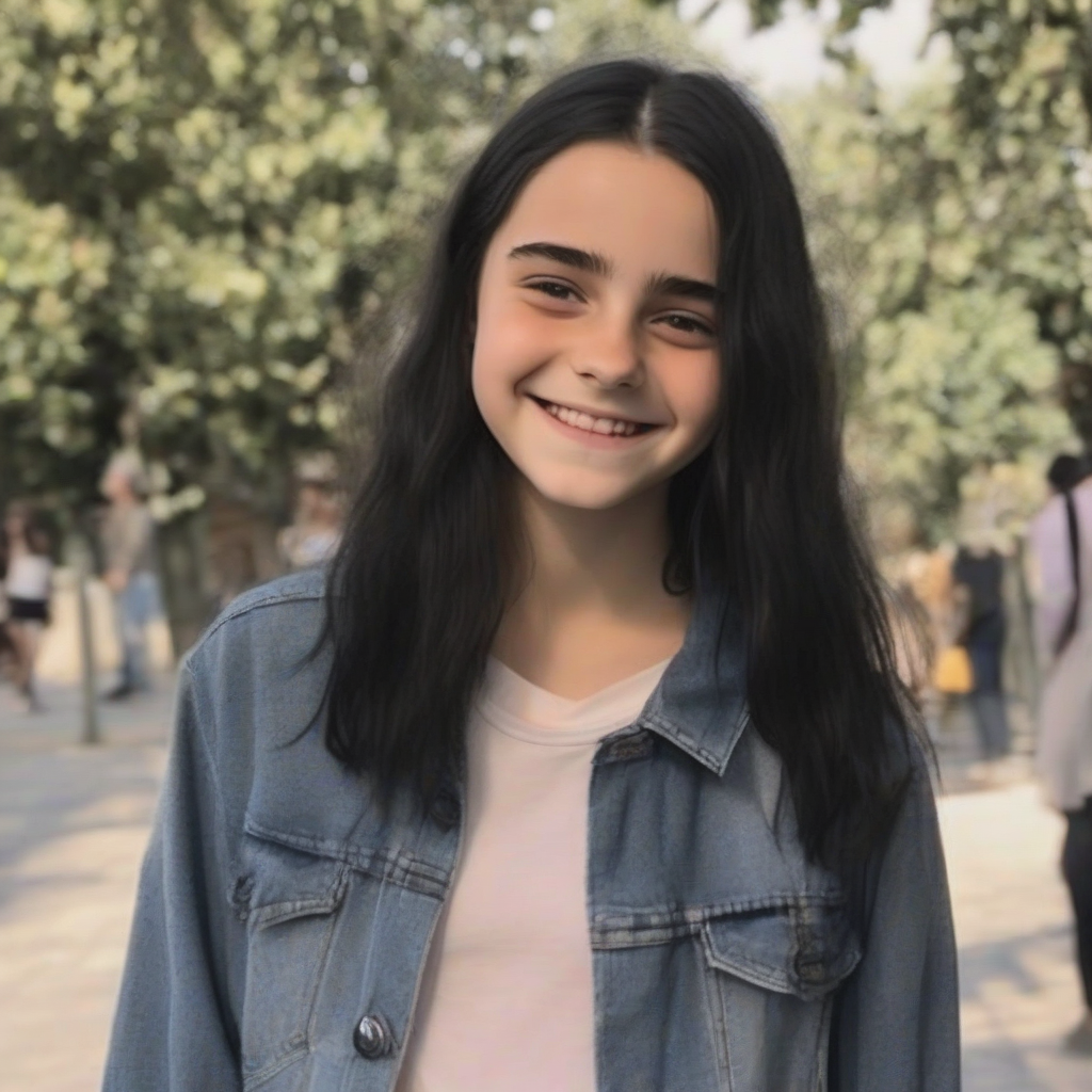 14 year old french girl smiling black hair resembles emma watson by मुफ्त एआई छवि जनरेटर - बिना लॉगिन के✨ | AIGAZOU