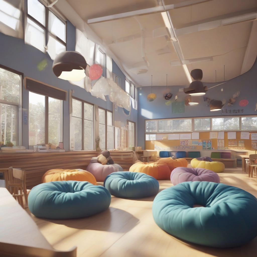 a welcoming and cozy school with 4k lots of windows and lights comfortable seating options like bean bags by Générateur d'images par IA gratuit - Aucune connexion nécessaire✨ | AIGAZOU