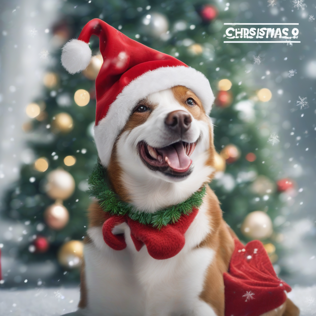 a smiling dog with a christmas hat by the christmas tree by मुफ्त एआई छवि जनरेटर - बिना लॉगिन के✨ | AIGAZOU