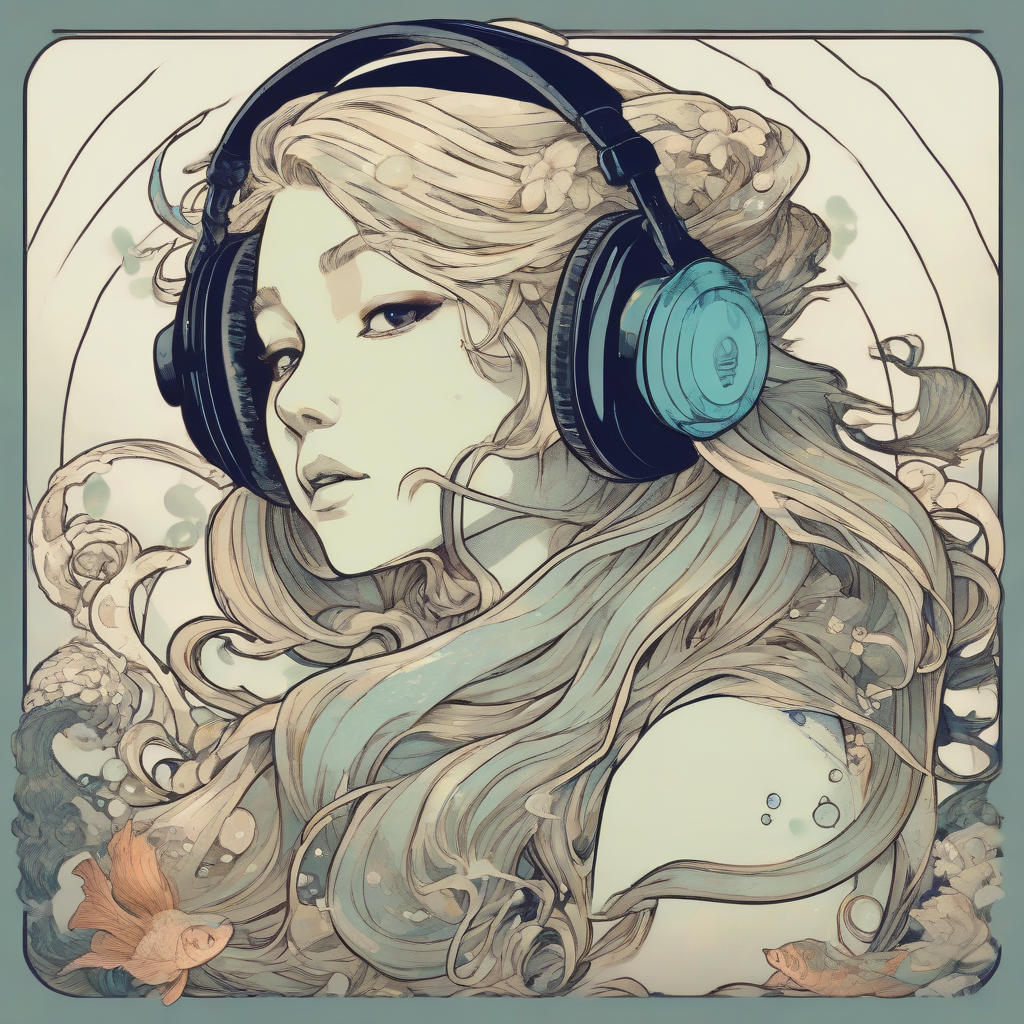 deep sea mermaid female character jojo style hokusai style mucha style headphones by मुफ्त एआई छवि जनरेटर - बिना लॉगिन के✨ | AIGAZOU