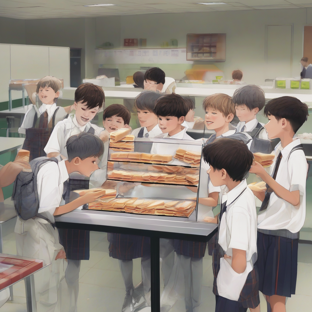 a group of boys in the cafeteria asking for sandwiches and chocolate cans during recess by मुफ्त एआई छवि जनरेटर - बिना लॉगिन के✨ | AIGAZOU