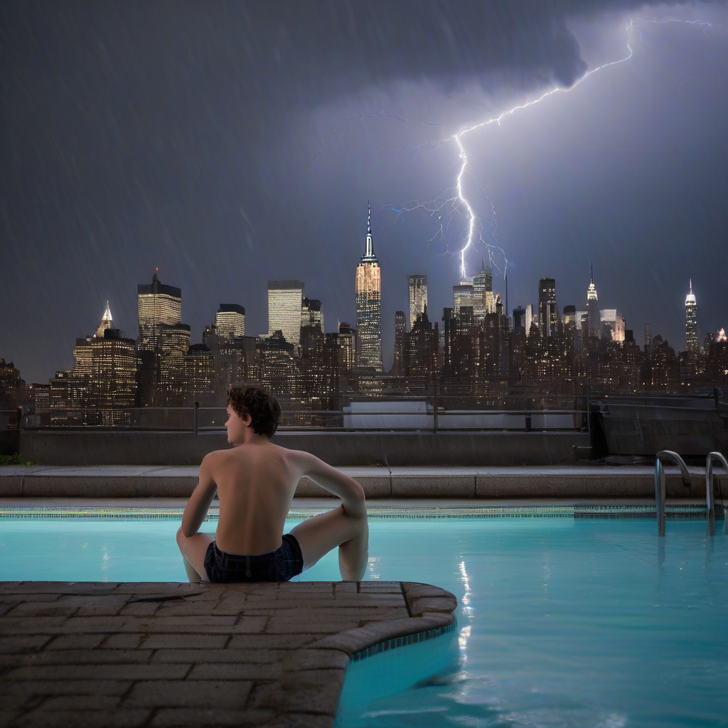 topless teenage boy sitting on a pool with the skyline of new york in the background at thunderstorm by मुफ्त एआई छवि जनरेटर - बिना लॉगिन के✨ | AIGAZOU