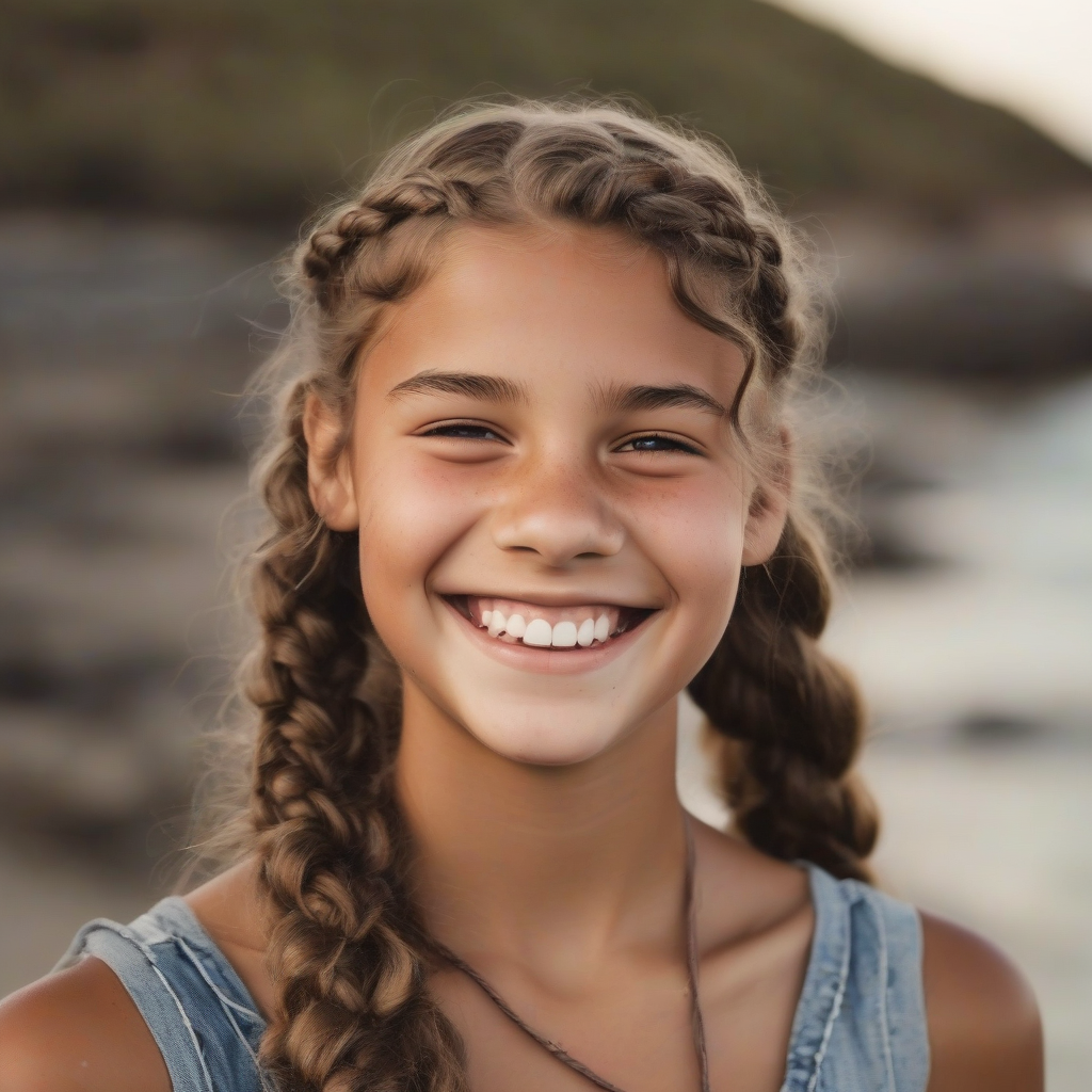 14 year old girl light brown skin curly long brown hair braided american smiling by the sea by मुफ्त एआई छवि जनरेटर - बिना लॉगिन के✨ | AIGAZOU