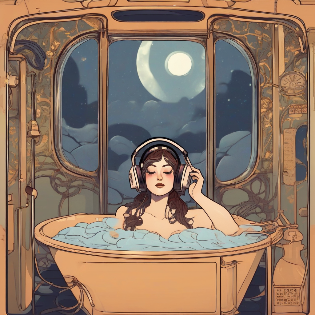 bath time sunday female character art nouveau style headphones bathtub moonlight bulb color by मुफ्त एआई छवि जनरेटर - बिना लॉगिन के✨ | AIGAZOU