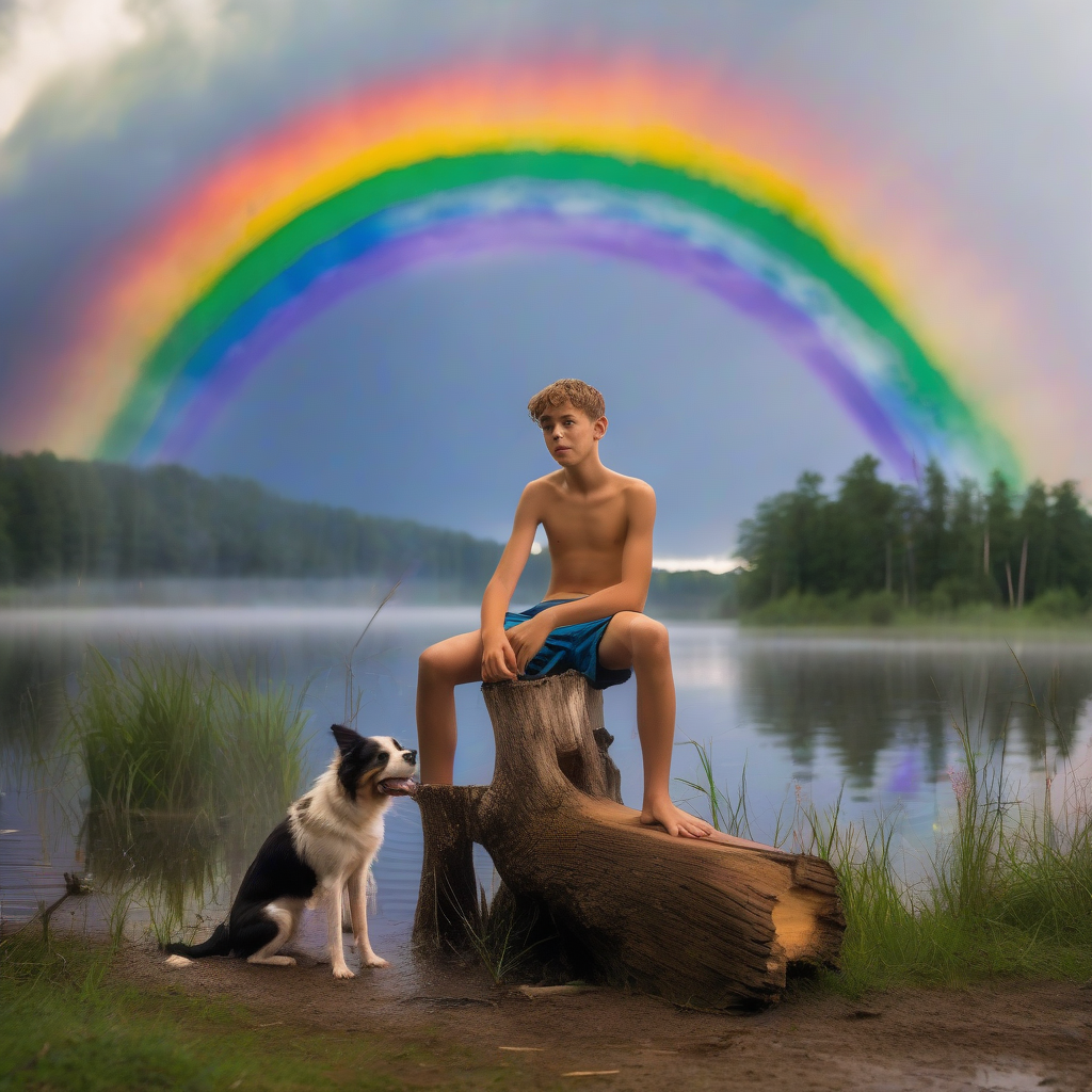 teenager in speedos sitting on log with dog by मुफ्त एआई छवि जनरेटर - बिना लॉगिन के✨ | AIGAZOU