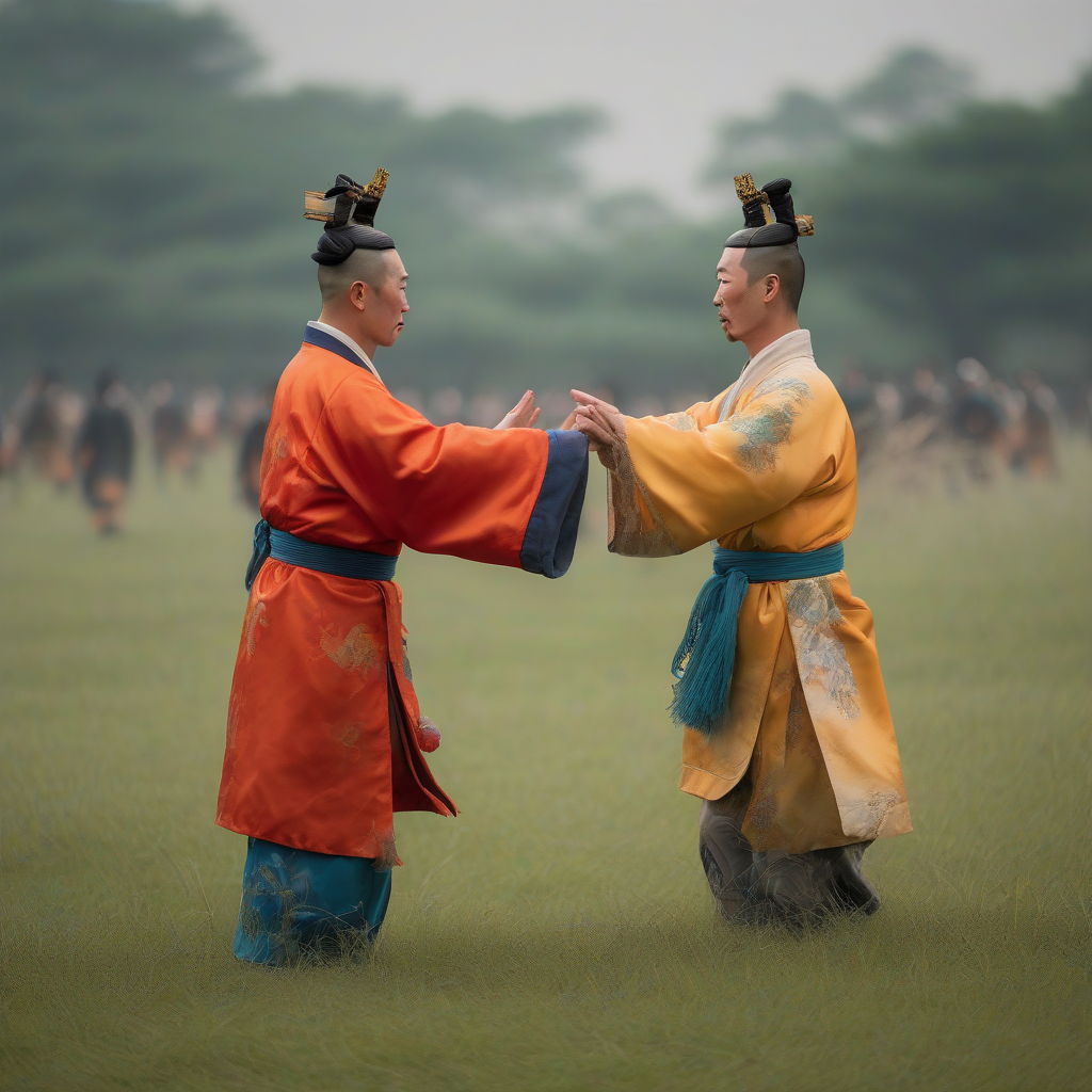 two men in tang dynasty robes parting on the grassland by Générateur d'images par IA gratuit - Aucune connexion nécessaire✨ | AIGAZOU