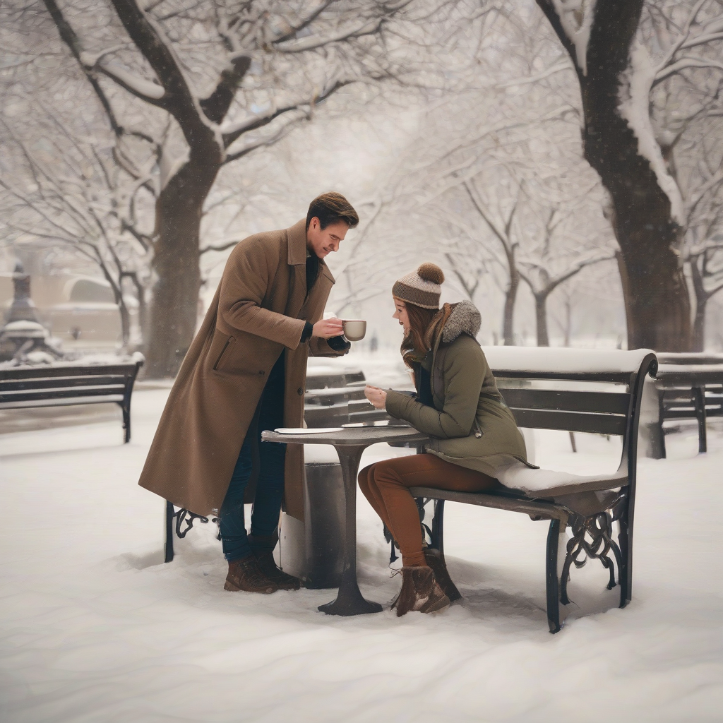 a young man gives coffee to a young woman writing in a snowy park by मुफ्त एआई छवि जनरेटर - बिना लॉगिन के✨ | AIGAZOU