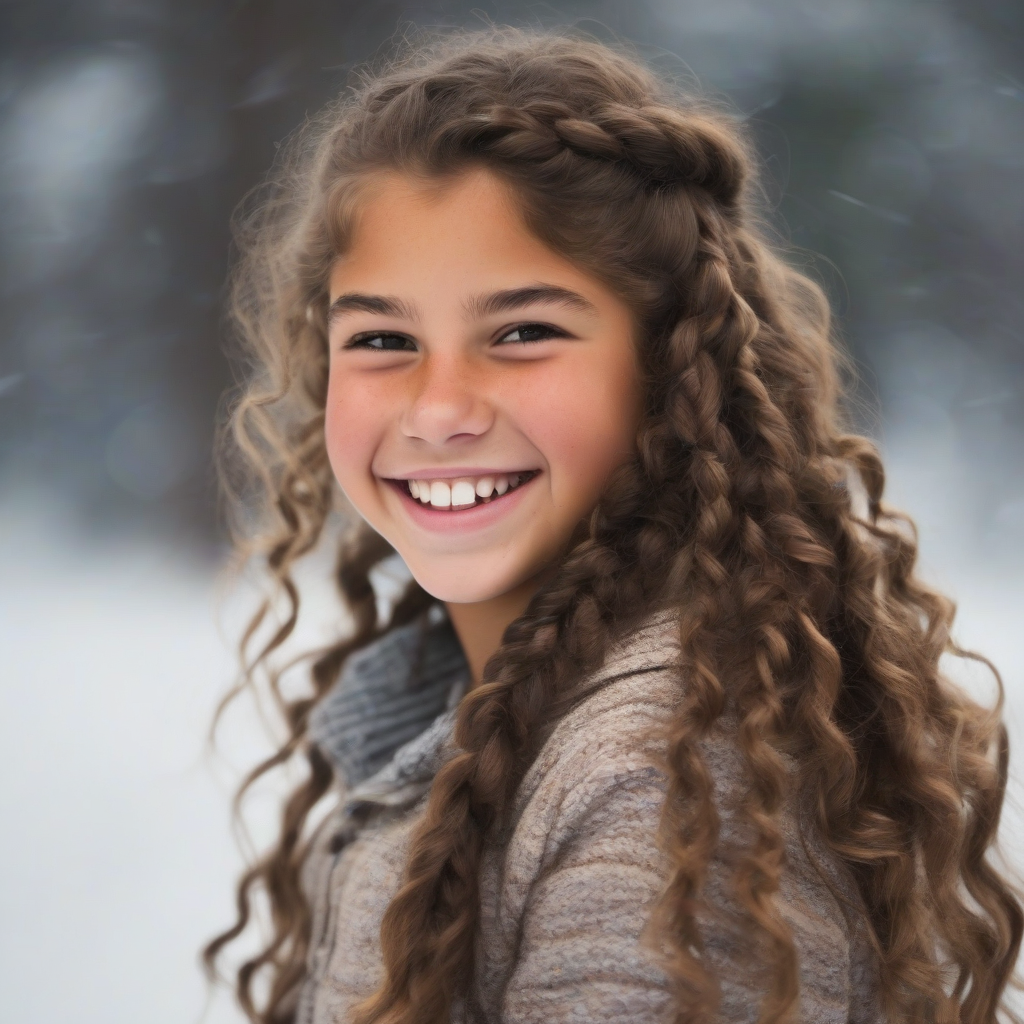 14 year old girl light brown skin curly long brown hair braided american smiling winter by मुफ्त एआई छवि जनरेटर - बिना लॉगिन के✨ | AIGAZOU