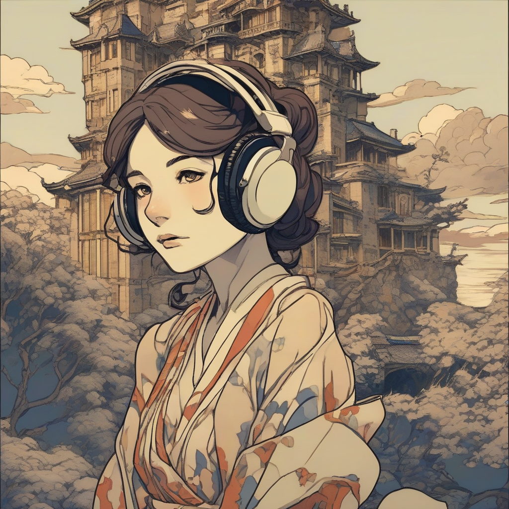 character jojo style muybridge style headphones hokusai style reverse story female ruined castle by मुफ्त एआई छवि जनरेटर - बिना लॉगिन के✨ | AIGAZOU