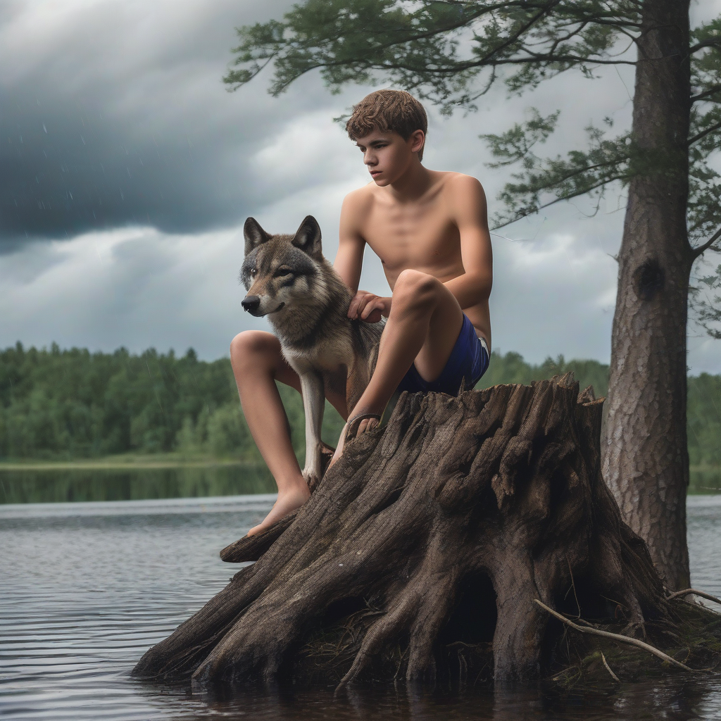 teenager in speedos sits on log by lake by Générateur d'images par IA gratuit - Aucune connexion nécessaire✨ | AIGAZOU