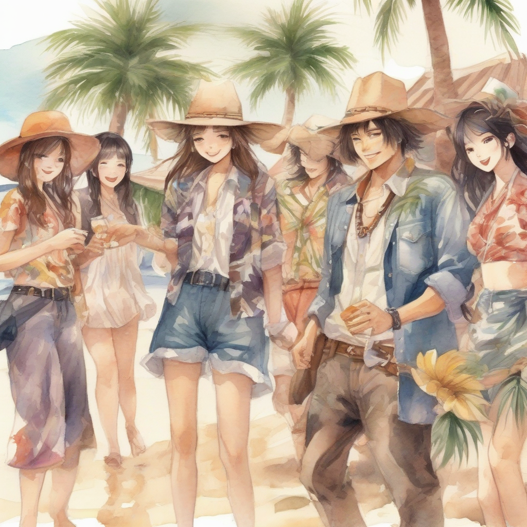 palm tree beach party five people having fun japanese illustration watercolor by Générateur d'images par IA gratuit - Aucune connexion nécessaire✨ | AIGAZOU