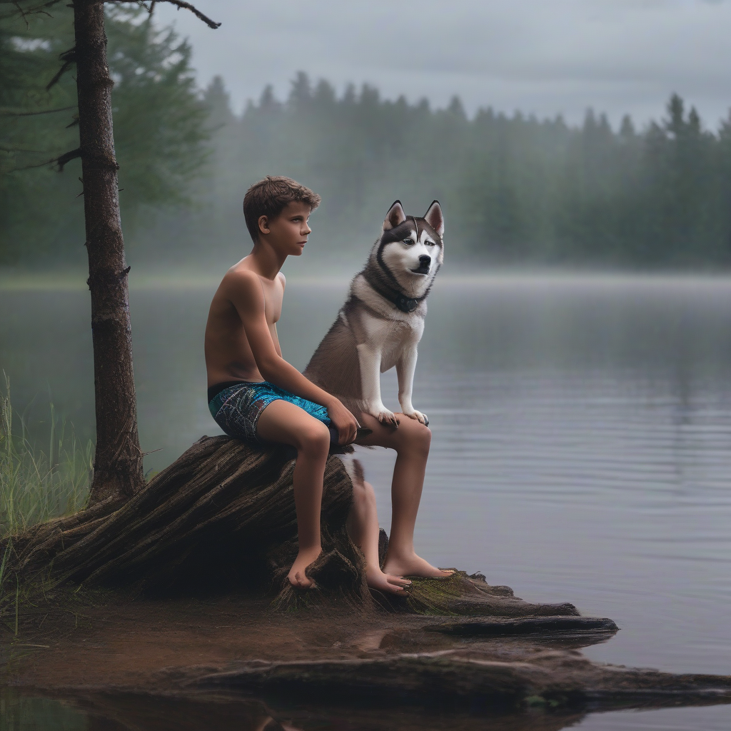 teenager in speedos sits on a log with husky by मुफ्त एआई छवि जनरेटर - बिना लॉगिन के✨ | AIGAZOU