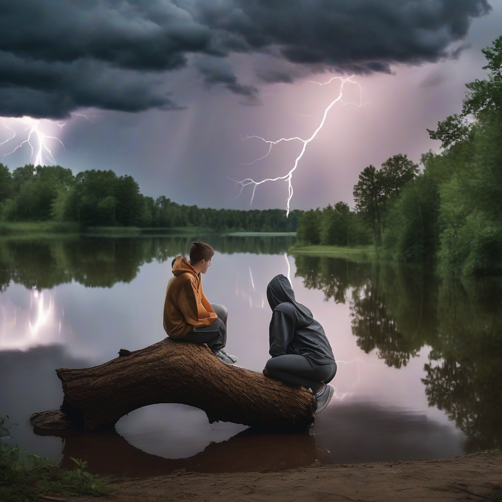 teenager in sweatpants sitting on log by small lake during storm by मुफ्त एआई छवि जनरेटर - बिना लॉगिन के✨ | AIGAZOU