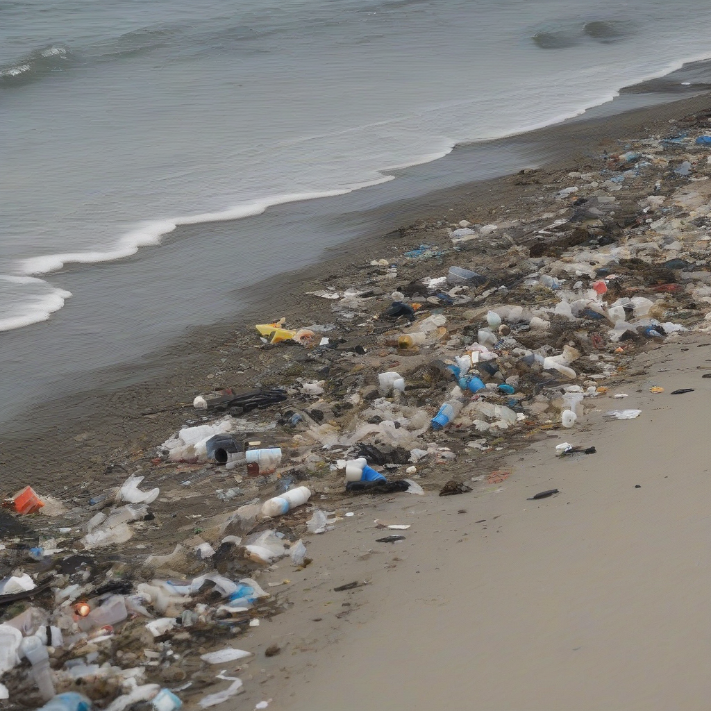 beach pollution seen from far away by मुफ्त एआई छवि जनरेटर - बिना लॉगिन के✨ | AIGAZOU