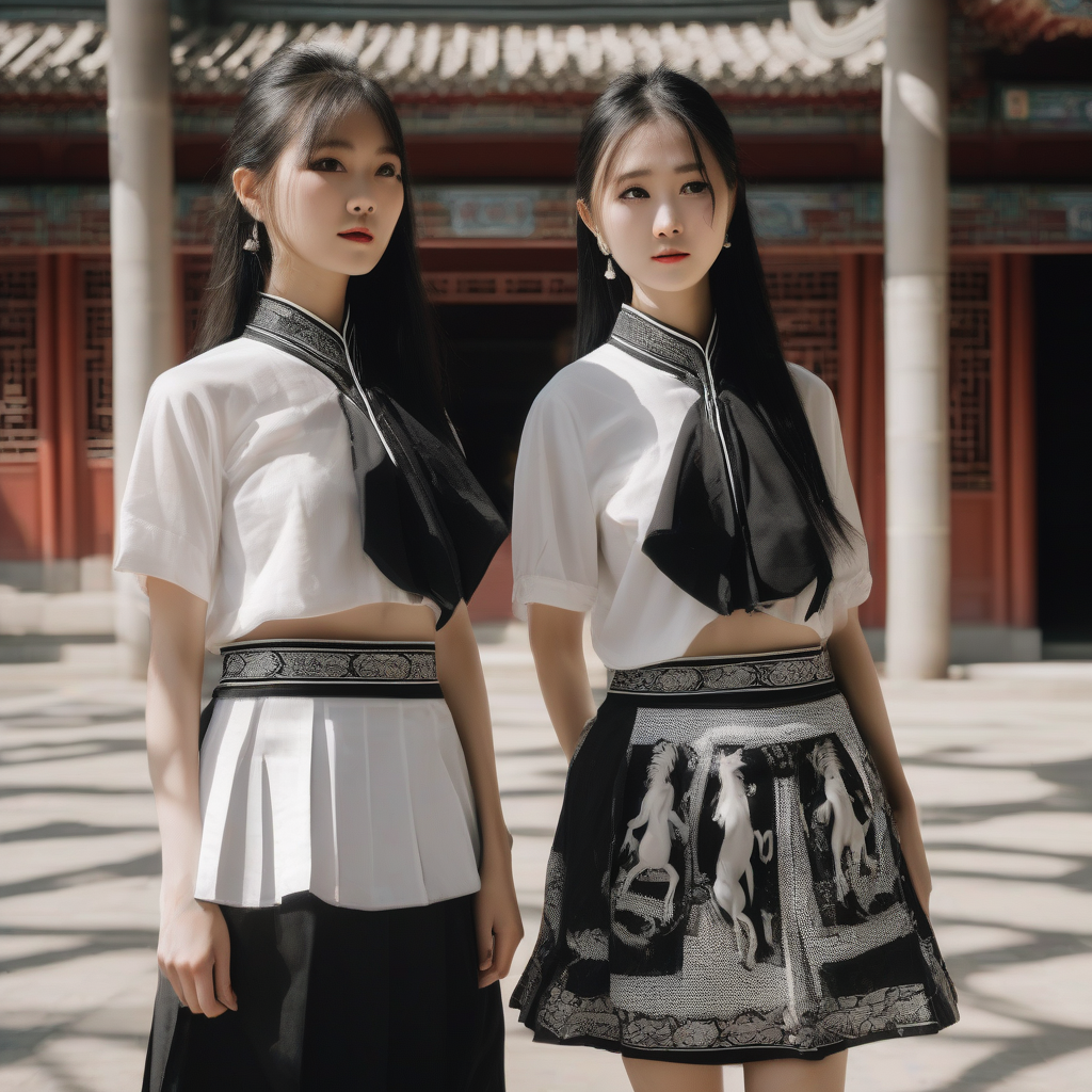 two black and white style cheongsam wearing 20 year old chinese beauties standing under a chinese classical architecture with sunlight by मुफ्त एआई छवि जनरेटर - बिना लॉगिन के✨ | AIGAZOU