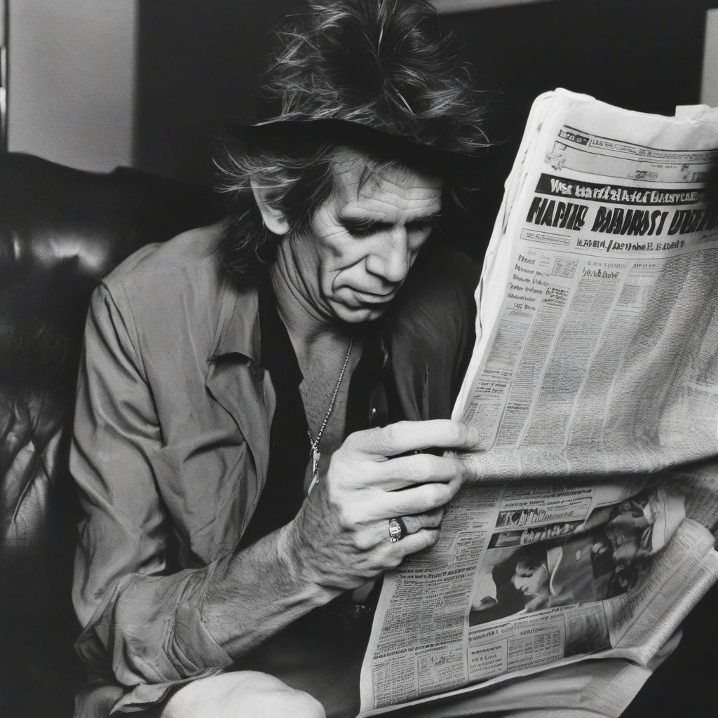 keith richards reads a newspaper by मुफ्त एआई छवि जनरेटर - बिना लॉगिन के✨ | AIGAZOU