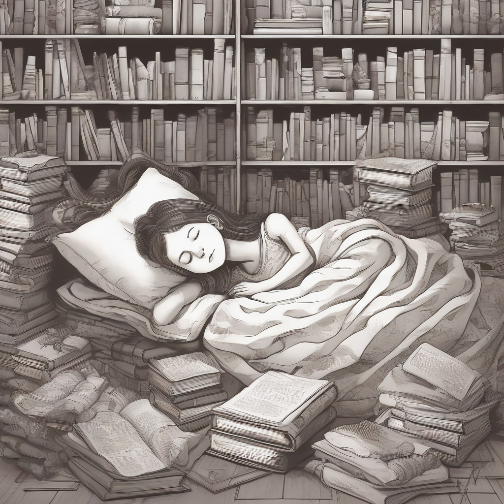 a girl sleeping among books by मुफ्त एआई छवि जनरेटर - बिना लॉगिन के✨ | AIGAZOU