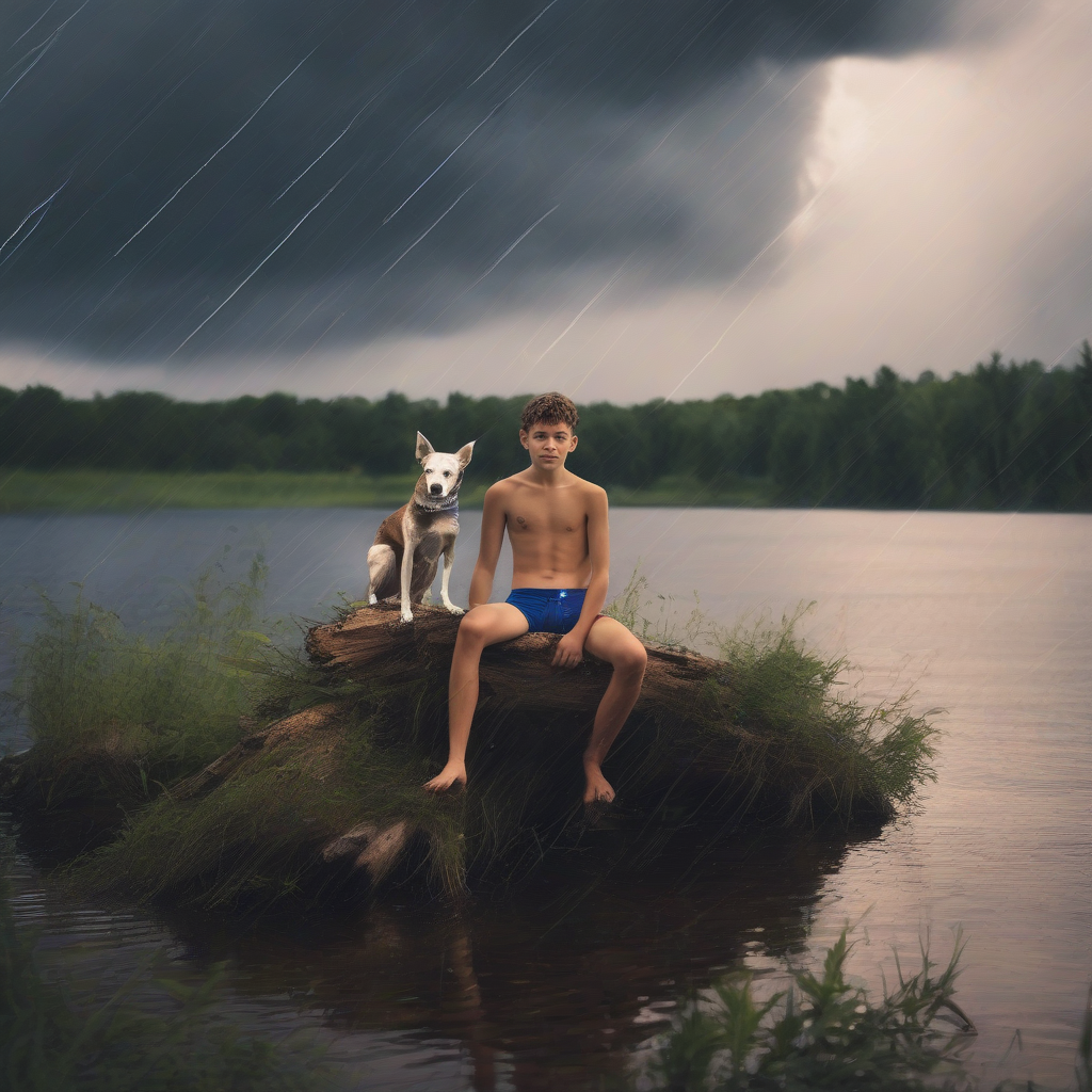 teenager in speedos sits on log with dog by मुफ्त एआई छवि जनरेटर - बिना लॉगिन के✨ | AIGAZOU