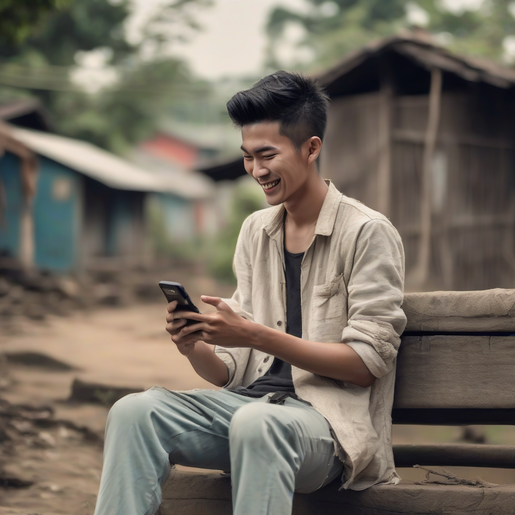 rural asia modest young man happily chatting by मुफ्त एआई छवि जनरेटर - बिना लॉगिन के✨ | AIGAZOU