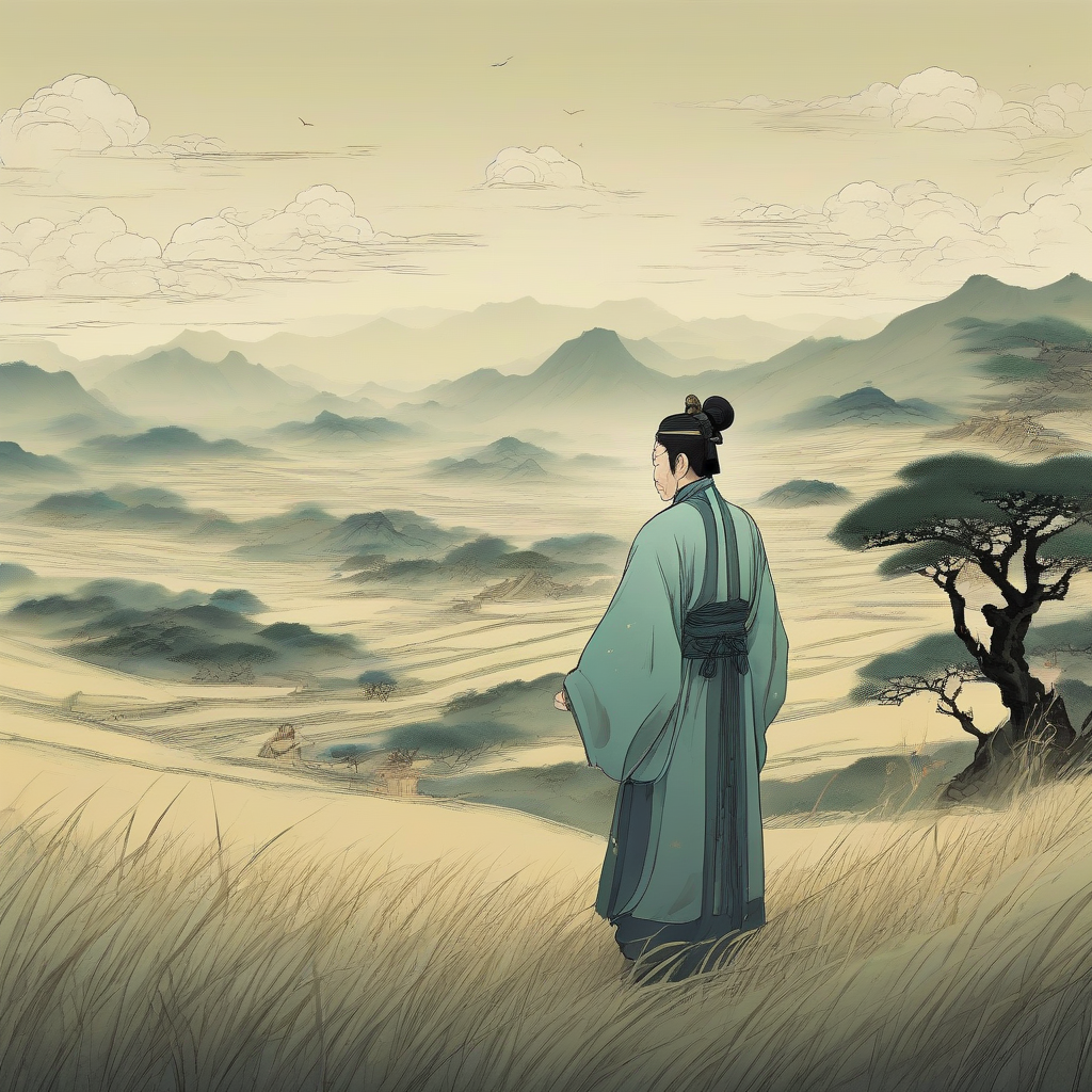 a man in tang dynasty costume looking at the grassland with sadness by मुफ्त एआई छवि जनरेटर - बिना लॉगिन के✨ | AIGAZOU