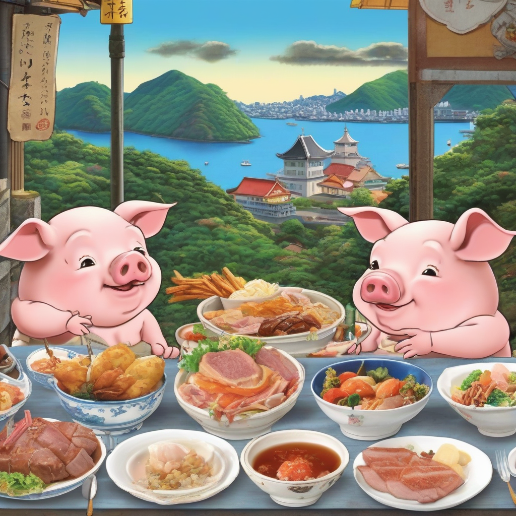 three little pigs enjoy beautiful scenery and delicious food in nagasaki by मुफ्त एआई छवि जनरेटर - बिना लॉगिन के✨ | AIGAZOU