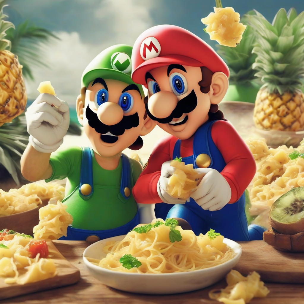 mario and luigi eating pasta with pineapple by मुफ्त एआई छवि जनरेटर - बिना लॉगिन के✨ | AIGAZOU