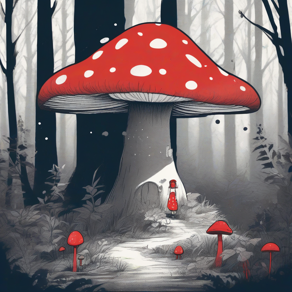 fairy tale drawing of a melancholic red spotted mushroom character in a forest by Générateur d'images par IA gratuit - Aucune connexion nécessaire✨ | AIGAZOU