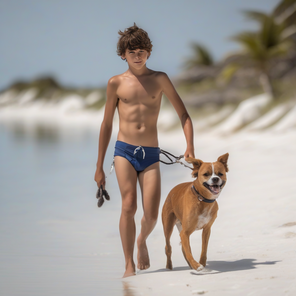 frontal teenage boy in speedos walking on a white beach with a dog at his side by मुफ्त एआई छवि जनरेटर - बिना लॉगिन के✨ | AIGAZOU