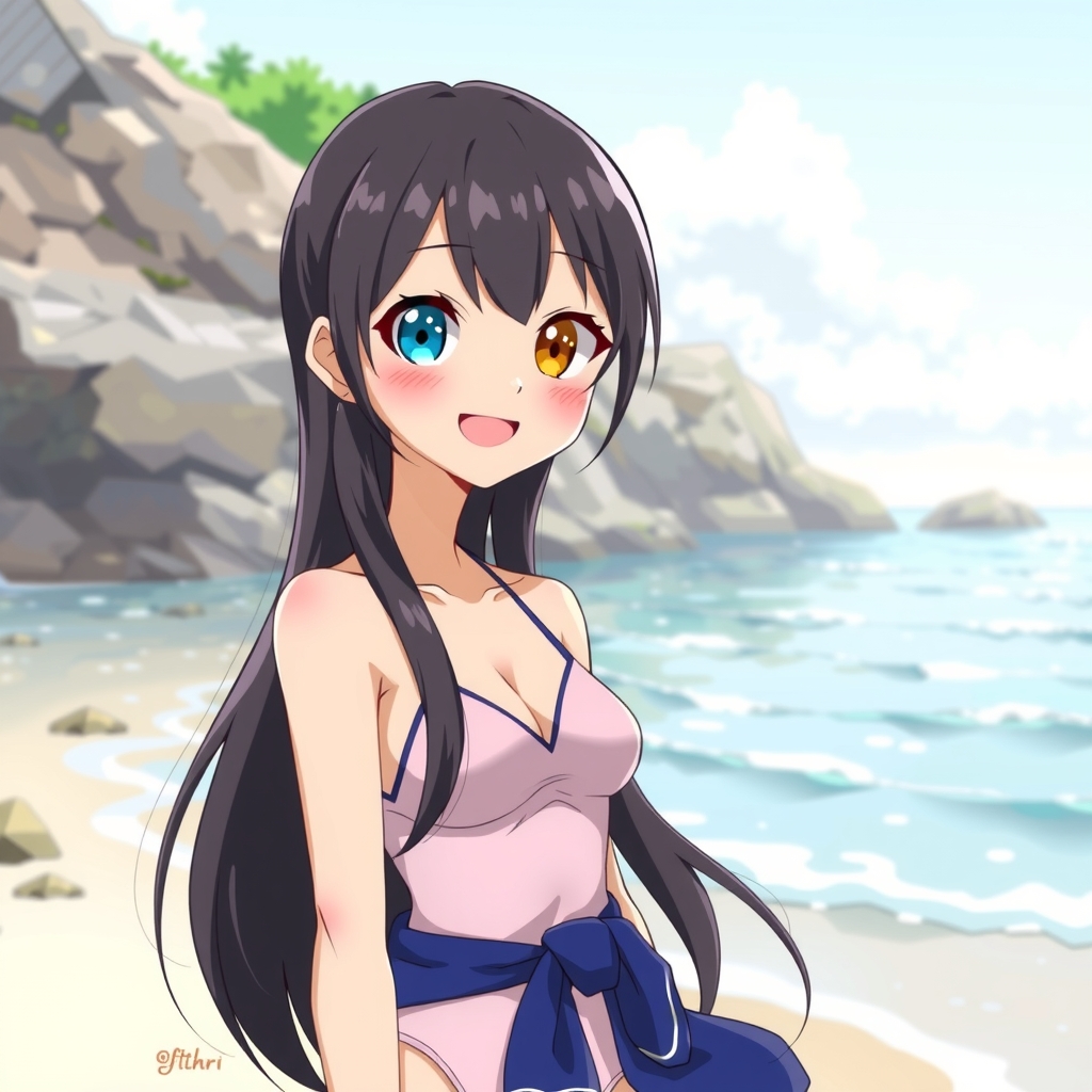 amami ohshima beach long black hair odd eye blue right slender smiling pallazo swimsuit middle school girl by मुफ्त एआई छवि जनरेटर - बिना लॉगिन के✨ | AIGAZOU