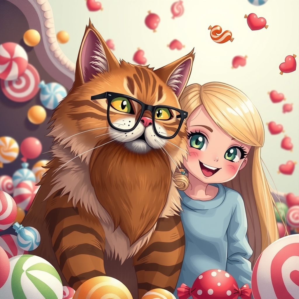 a cat with a beard and glasses with a blonde girl in a candy world by मुफ्त एआई छवि जनरेटर - बिना लॉगिन के✨ | AIGAZOU