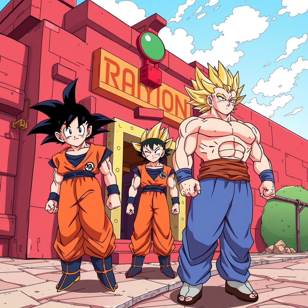 goku vegeta and broly enter the red ramon building by मुफ्त एआई छवि जनरेटर - बिना लॉगिन के✨ | AIGAZOU