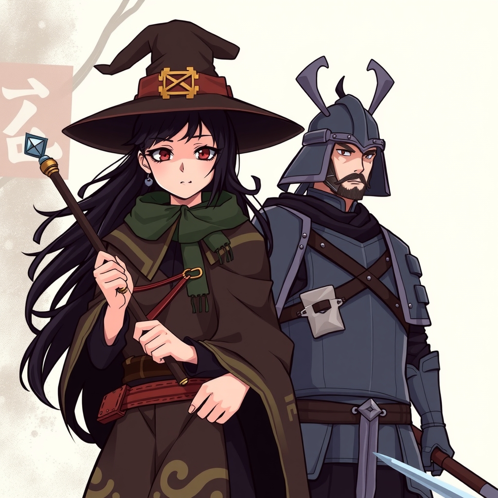 a strong willed black haired magician with a short wand and a pointed hat travels with a kind japanese warrior by मुफ्त एआई छवि जनरेटर - बिना लॉगिन के✨ | AIGAZOU