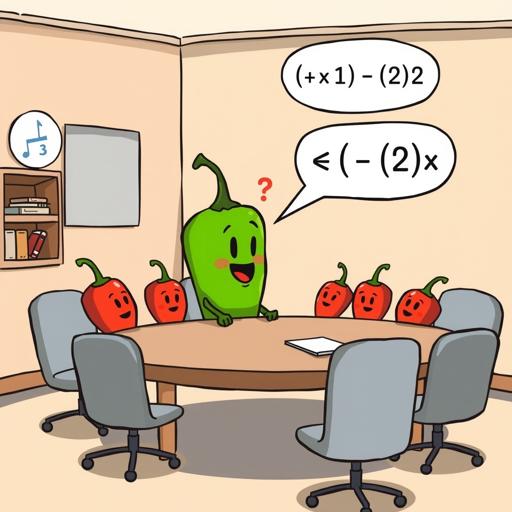 a simple cartoon with 1 large chili pepper talking to 5 small chili peppers explaining a complex mathematical formula in by मुफ्त एआई छवि जनरेटर - बिना लॉगिन के✨ | AIGAZOU