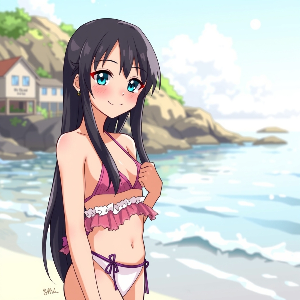 amami ohshima beach long black hair blue right eye slender body smiling expression frilled bikini middle school girl by मुफ्त एआई छवि जनरेटर - बिना लॉगिन के✨ | AIGAZOU