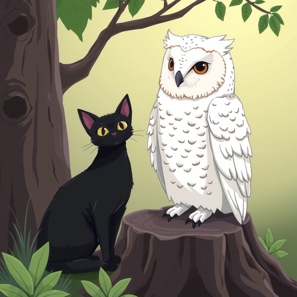 white owl sits on a tree trunk next to a black cat by Free AI Image Generator & Maker - No login required✨ | AIGAZOU