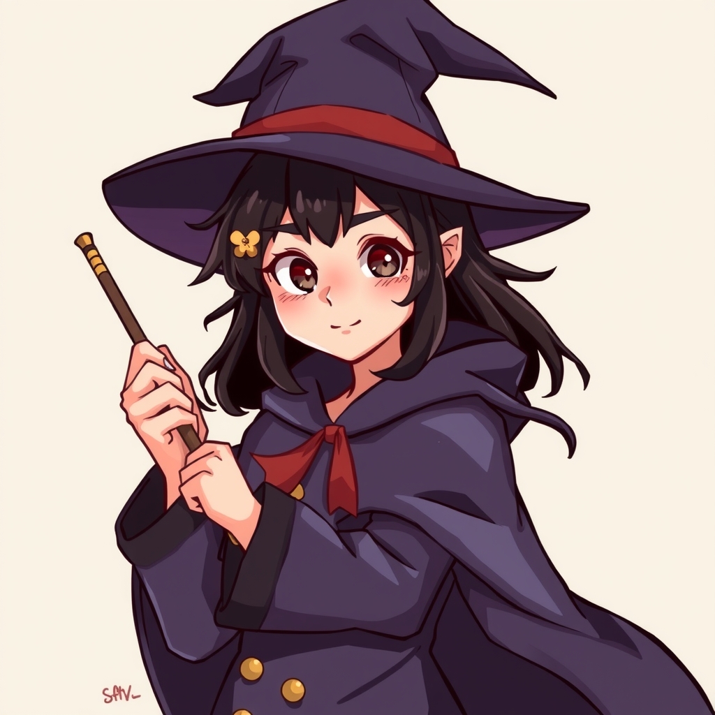 a strong willed black haired young witch with a short wand wearing a cape and a pointed hat by मुफ्त एआई छवि जनरेटर - बिना लॉगिन के✨ | AIGAZOU