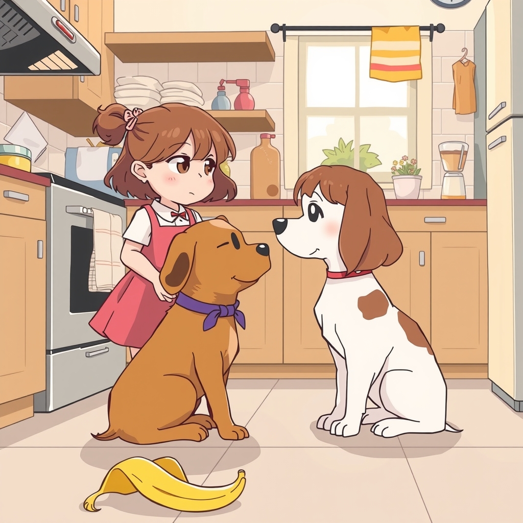 little girl and dog meet in kitchen banana peel on floor by मुफ्त एआई छवि जनरेटर - बिना लॉगिन के✨ | AIGAZOU