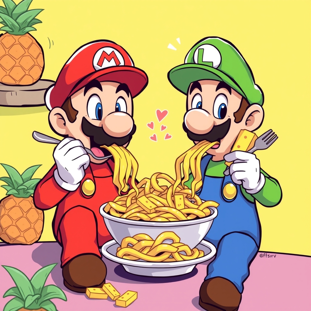 mario and luigi eating pasta with pineapple by मुफ्त एआई छवि जनरेटर - बिना लॉगिन के✨ | AIGAZOU